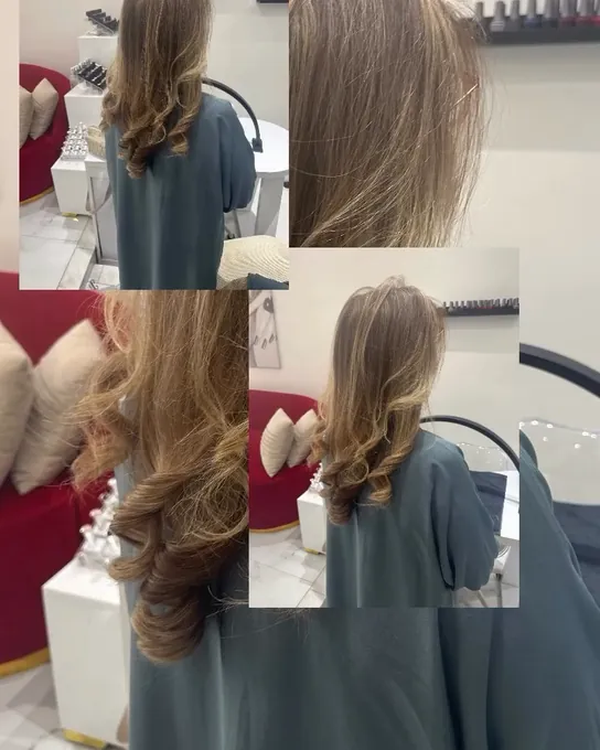 Montage avant et après d'une coiffure, cheveux châtains ondulés vus de dos