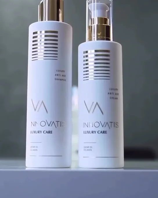 Deux flacons de soin Innovatis posés sur une table